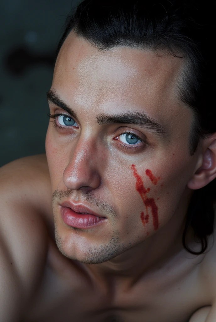 A man writhing in pain after being attacked by a stonefish. His face contorted in agony, sweat dripping down his forehead, and blood seeping from the wound. The detailed painting captures the moment of impact, showing the sharp spine of the stonefish piercing the man's foot. The vivid colors and intricate brushstrokes bring the scene to life, evoking a visceral reaction in viewers. The artist skillfully conveys the sheer intensity and distress of the situation, creating a captivating and powerful image.