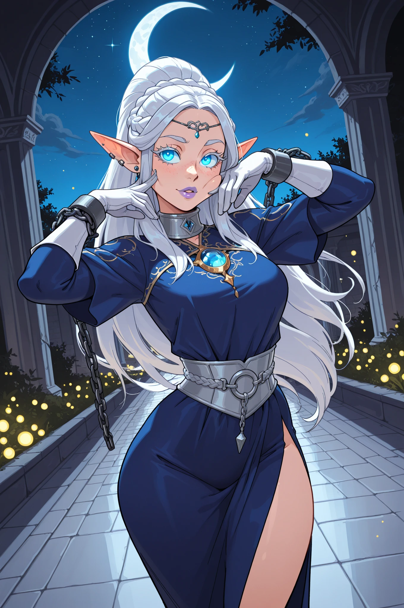 A Elven Mage with Arcane Tattoos White Hair and Blue Eyes