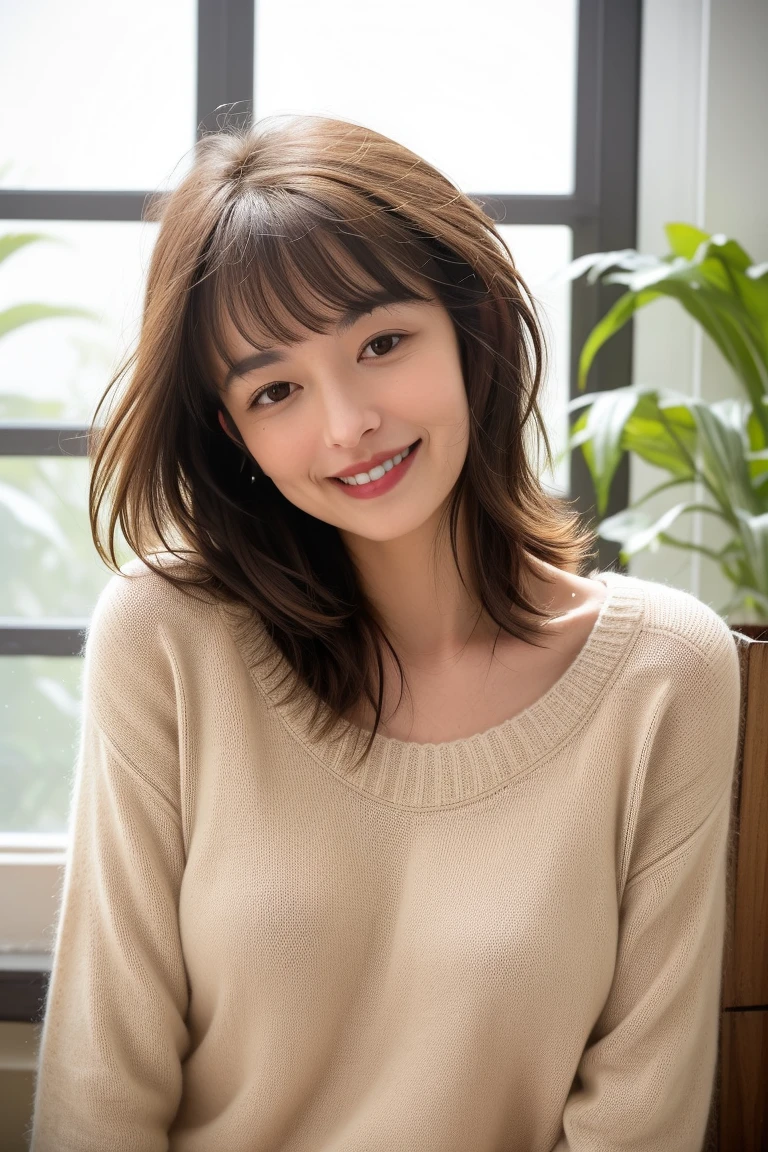 Perfect face and big breasts, lean face, thin eyebrows, brown hair, short bob curled hair, ((20-year-old girl with a slim and slender physique)), slender physique, lean !!!、 skin has detailed and very detailed eyes (1.1 emphasis), very detailed skin texture (1.1 emphasis). Necklace. Model photo style, photorealistic, skin texture is real human skin texture, detailed skin pores, intricate details, eyes very detailed. Adult date attire, dating, dating!!!、! Dream date, very detailed date, cake, cake shop interior, black knitted sweater, jacket, rucksack, earrings. Full body, attractive sexy little bit, smile, strong smile, cute pose, sitting. Holding a cake, eating a cake, opening your mouth, bursting out laughing, laughing big, smiling. :2 --s2