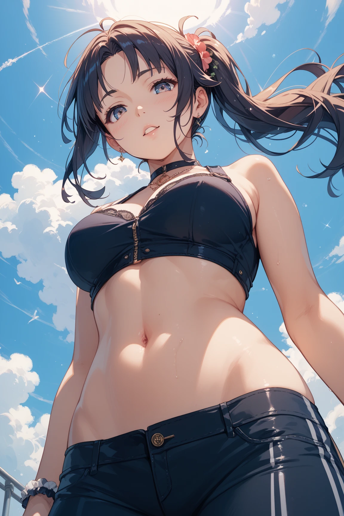 1girl, solo, village, trees, colorful hair, curly hair, ponytail, large breasts, button down shirt, ninja, ((black shirt)), ((unbuttoned shirt)), ((short sleeved shirt)), blue eyes, black shorts, katana, grin, looking at the viewer, ((standing)), hair ribbon, bandage
