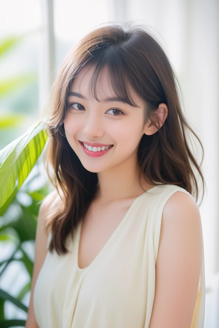 Beautiful 20 year old woman。she is wearing a satin camisole。Lace on the chest and hem.。she looks ecstatic 。she is smiling and winking. her dark brown hair、High resolution、masterpiece、highest quality、Head w:1.0、((Hasselblad Photos))、fine skin、fine knit、(movie lighting)、clavicle . 