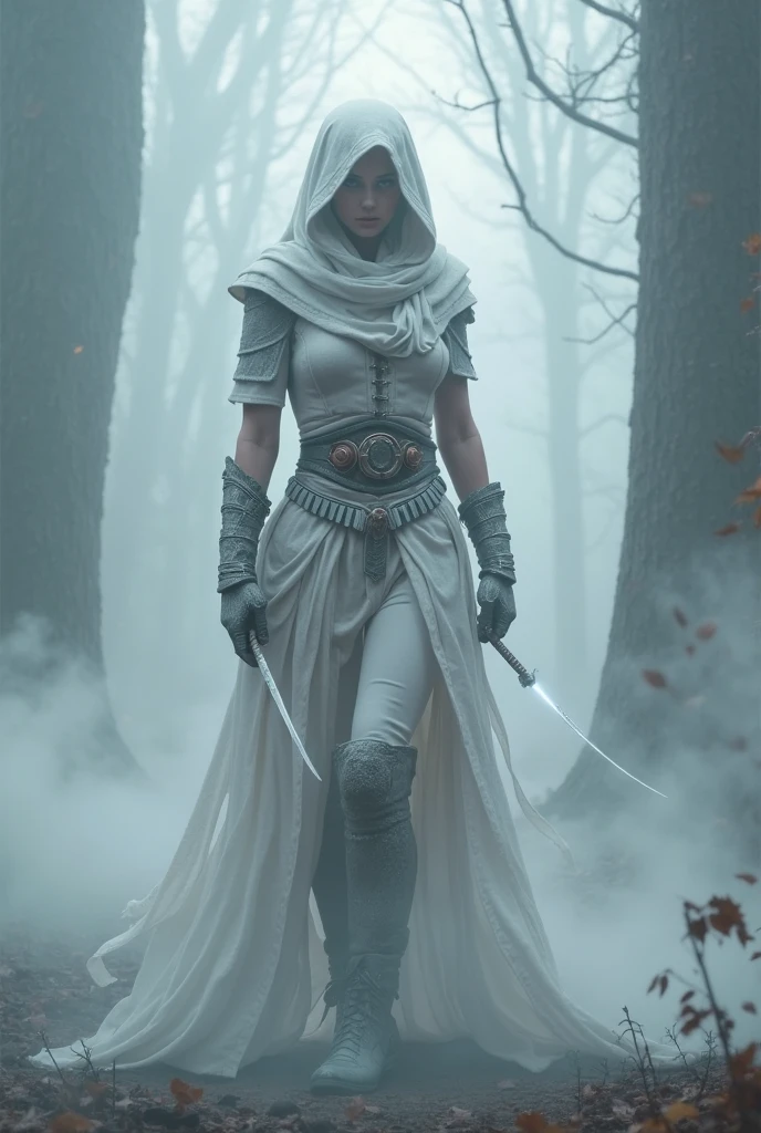 desenhar uma guerreira com duas espadas, com roupa branca ton de pele claro, cabelos vermelhos longos. 1,6 metros de altura, pesando 52 quilos, pernas definidas, bem feminina, olhos vermelhos, in a forest setting with several red and white flowers