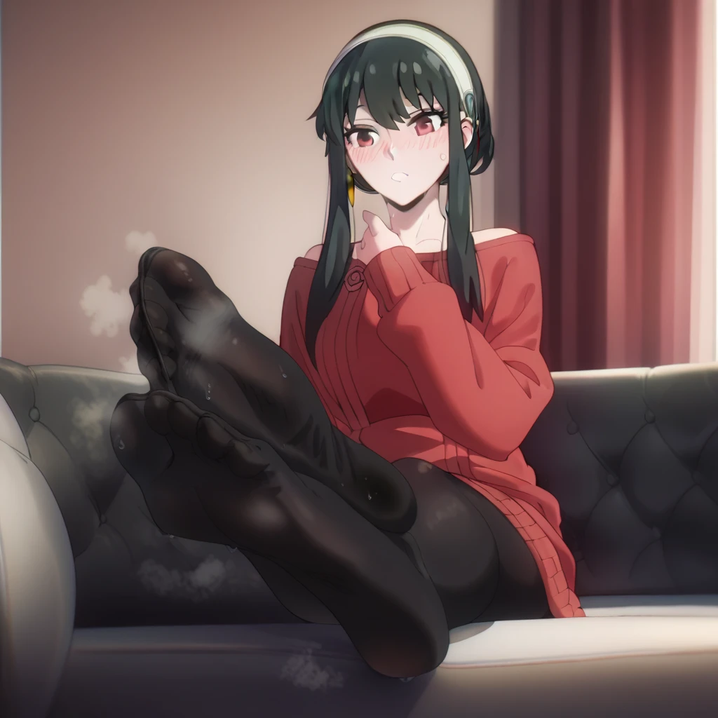 looking at viewer, solo, YorForger,1girl,((huge belly)),((no panties)),((very drunk)),((lifted red sweater)),((black hair,red eyes,short hair with long locks, white hairband, off shoulder,red sweater, black pantyhose, boots, ((slumped)), ((on a sofa)),