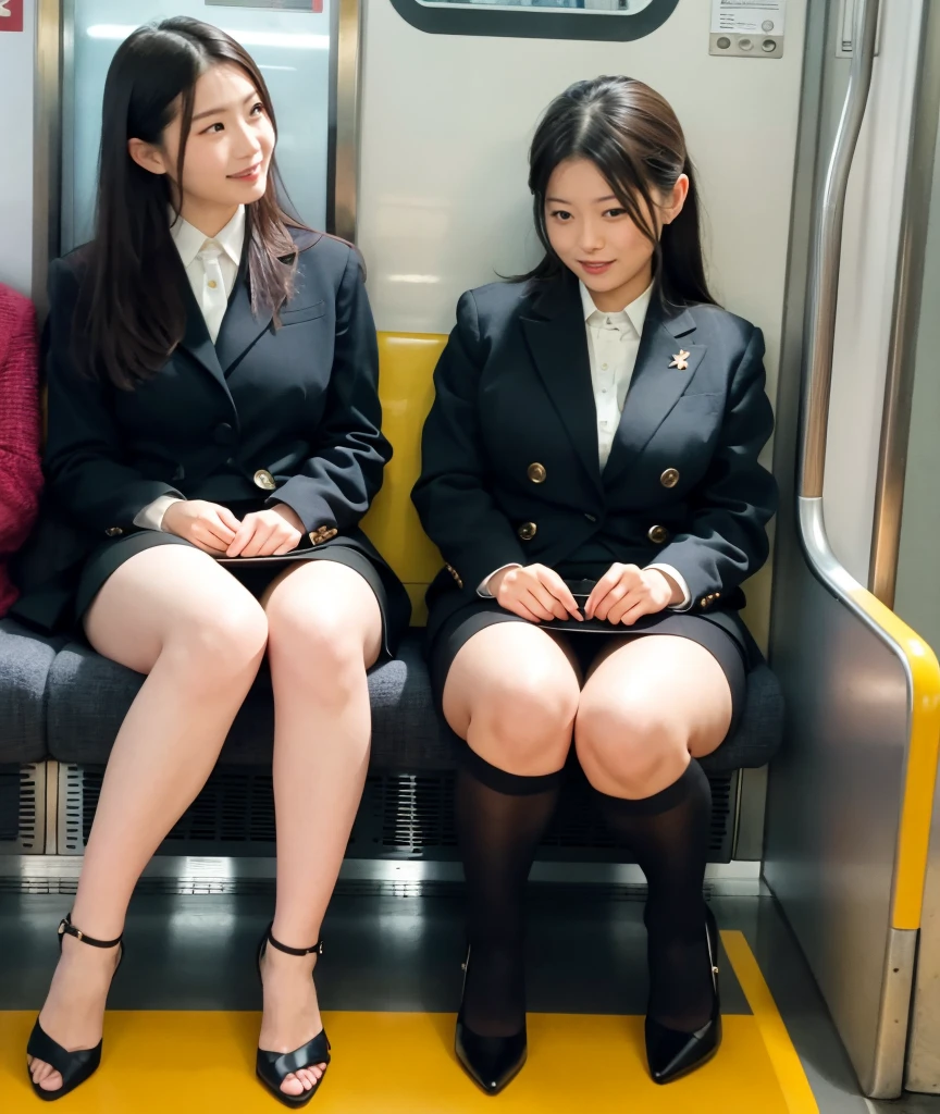 2woman,((1woman, (talking on the smartphone:1.5),(handling_smart_phone, smart_phone:1.2)),(looking each other:1),((Delightful demeanor:1.5)),((dynamic pose:1.5)), ((shoot from front:1.7)),23 years, 20 generations,very beautiful woman, Idol faces, Japanese actress, (black suits:1.3),(white blouse:1.0), (tight skirt:1.3),in shopping mall,bench,(looking away:0.5) ,(staring at smartphone:1.3), (sitting:1.5),(knees apart:0.8),(White panties are visible:1.2),(Completely Seamless panties:1.1), (cameltoe:0.3), (lace embroidery pantie:1), (beautiful legs:1.5),(cowboy shot:1),masterpiece, highest quality, 8k,(shiny skin:1),(extremely detailed skin:1),detailed face,Smooth Hairs,detailed eyes,Glowing black eyes,sparkling eyes,Childish,(smile:1.5),RAW Photos, Professional Lighting, Film Grain, chromatic aberration, (Small eyes and faces:1.0), (Bokeh:1.1),school bags