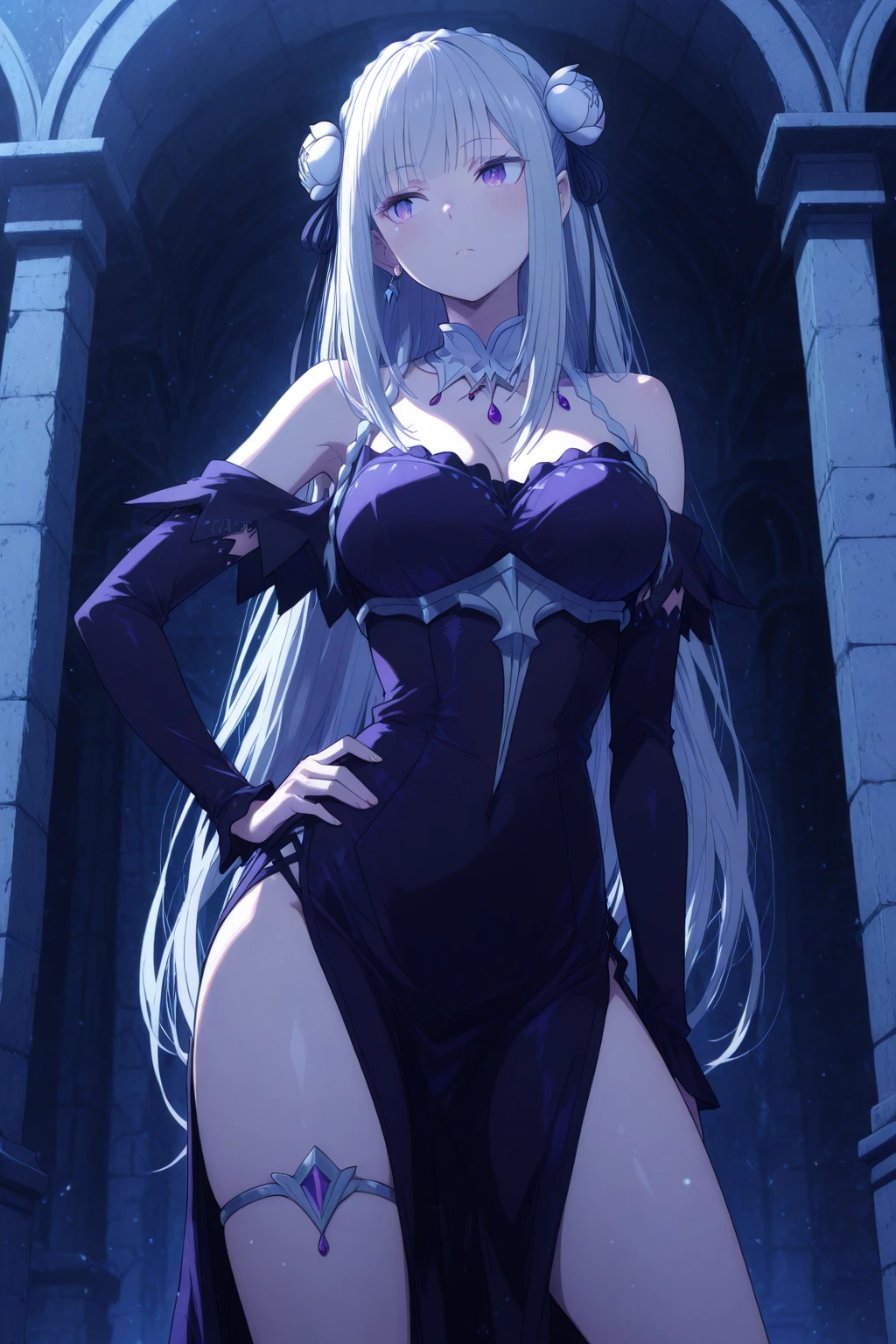 A woman with dark gray female armor, long blonde hair, ponytail hair, purple eyes, purple lipstick, in a purple sea, blue sky, light illuminating, smiling, big breasts,HDR, ultra resolution, very detailed, masterpiece, ultra quality, 4K HD. (solo, just one woman)
