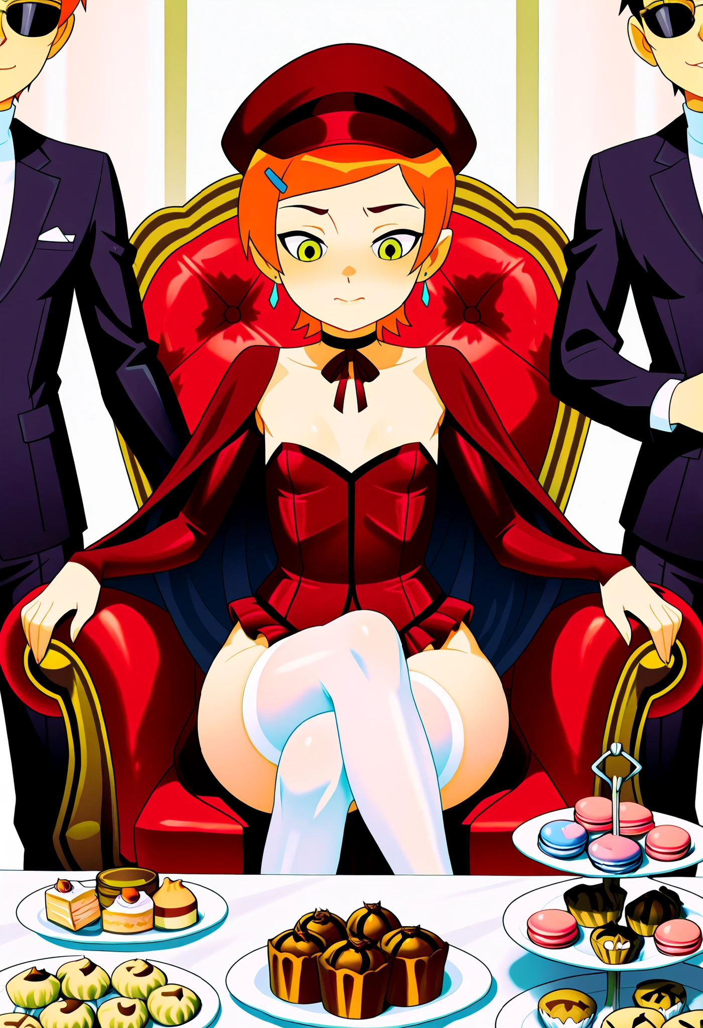 Gwen Tennyson . ginger . short hair . green eyes . flat breasts, flat chest, huge hips . slim body . choker . | Location: A room in a luxurious palace. On the table is a luxurious tea set and a mountain of various sweets piled high: chocolates, cookies, cakes, pies, tarts, macarons, etc. A cute anime girl is sitting on a chair with crossing her legs. femboy in black suits and sunglasses are lined up behind her. with lifting the upper part. The girl's characteristics are as follows: Cute anime girl. Her face is rounded. She wears a dark-red and white gothic outfit with a dark-red ribbon on her chest, and a dark-red hat.
