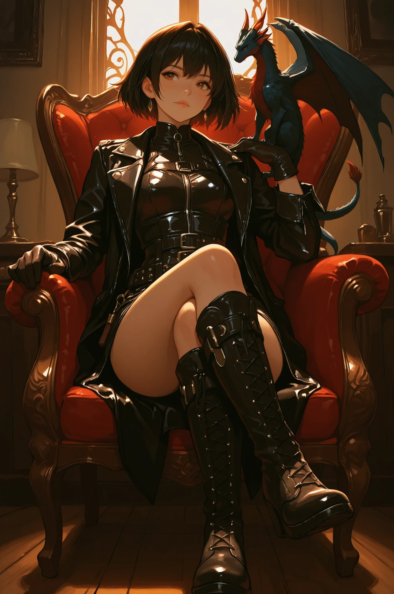 Stylish anime girl with, short hair and leather gloves sitting in a vintage chair, wearing a dark suit and, holding a small dragon perched quietly on her shoulder, boots both looking great and composed, dimly lit room with dramatic shadows, fantasy environment, intimate yet powerful connection, ultra-detailed, High Resolution, cinematic lighting, semi-realistic anime fusion, masterpiece, mejor calidad