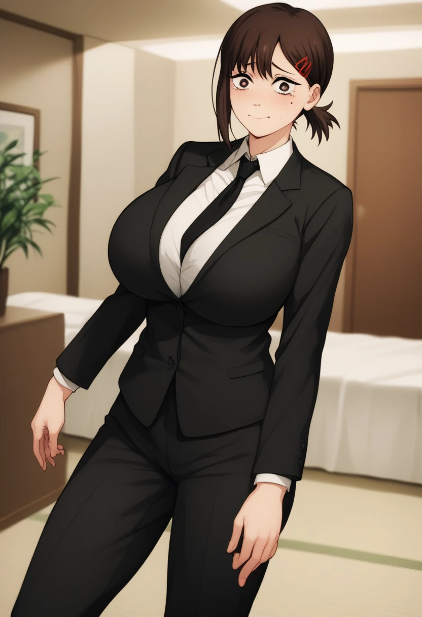 master piece, 1girl, solo, perfect body , bun, hair, purple EYES, BROWN HAIR, shy, emarrassed, blush:1.5, wide hips, , large breasts, brown hair, shirt, , large breast, , jacket, pants, OUTdoors, dress shirt, , formal, suit,, office lady, pant suit