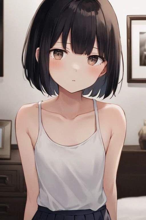 1 girl, (alone:1.2), ((masterpiece)), (Shadow), [slim], (small breasts), ((sharp focus)), white skin, ((fine eyes)), (blurred background), (dynamic angle), black hair, closed mouth, Tank top, interior, living room, messy hair, looking at the viewer, cold look, strict, short hair、No sleeve、beautiful armpits