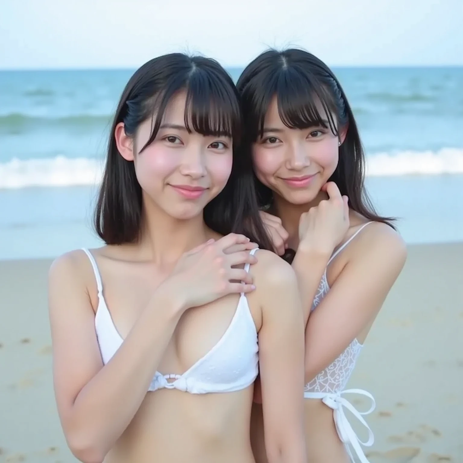 8k, RAW photo, best quality, masterpiece, realistic, photo-realistic, clear, professional lighting, beautiful face, best quality, ultra high res
(((hug))), (((2 girls))), japanese, smile, happiness, joyful, bikini, 20 years old, pretty face, cute face, beautiful face, 8 heads, gravure, medium breast, medium hair, fantastic southern island, angle of looking at the sea from the sandy beach, (Each person has two arms and two hands)