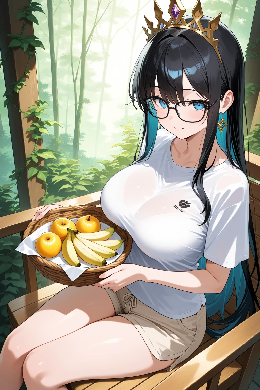 A curvy woman with long black hair wearing dark blue overalls and a light blue shirt standing on a giant leaf worm in the background of a giant apple and the giant garden 