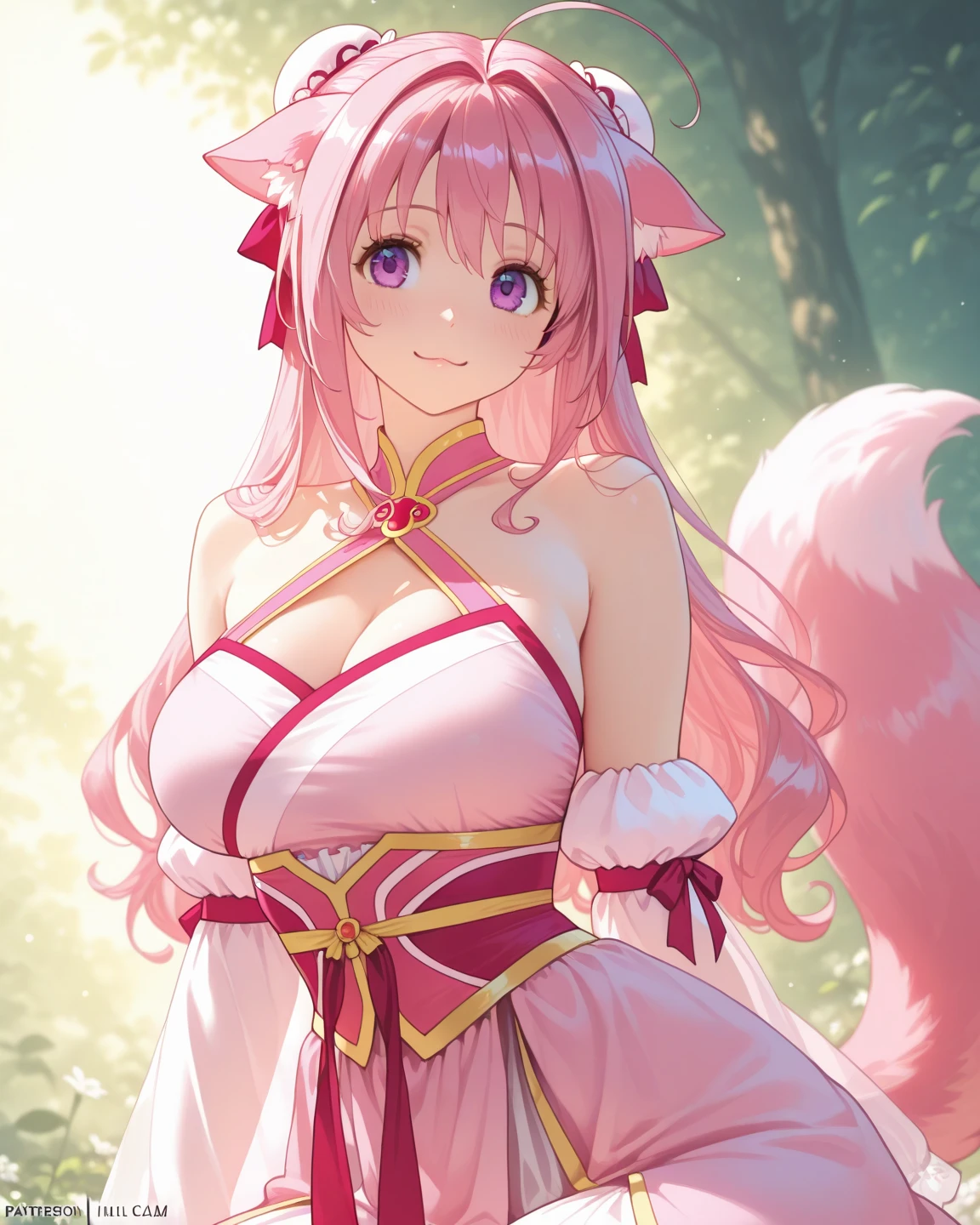 Top Quality, Beauty and Aesthetics, Very Detailed, Detailed Face and Eyes,anime, 1 Girl, Fox Ears, Big breast,fox girl,longhair,hair color pink,pink eyes,fluffy tail,walking in a city,sexy dress