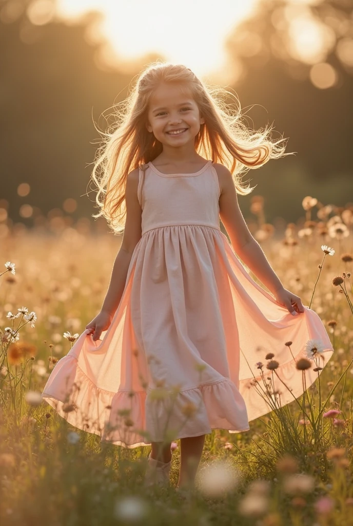 ((best quality)), ((masterpiece)), (detailed), beautiful child girl, redhead, young, youthful, freckles, pale skin, whole body, full-length, full-body, wearing a light summer dress, fit, athletic, field of tall grass, trees in background, dancing to music in her head, sun shining through
