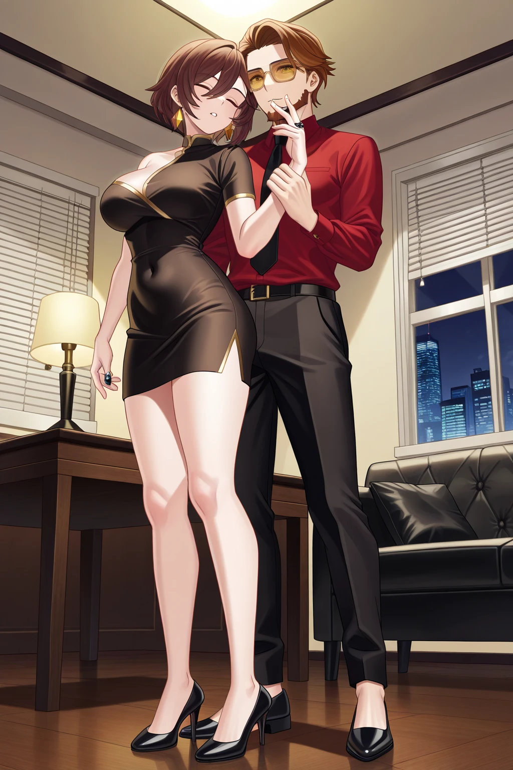 (Masterpiece, BestQuality:1.4), (ultra detailed 8k cg:1.2), (hyperrealistic:1.35), (Photorealistic:1.45), (realistic:1.4),nsfw,CMNF,beautiful Japanese woman,red collar,(milf,40 years old:1.2), (1 boy,shota :1.5),(A woman has her hip held by a boy standing behind her:1.6), __expression__,sagging breasts,embarrassed smile