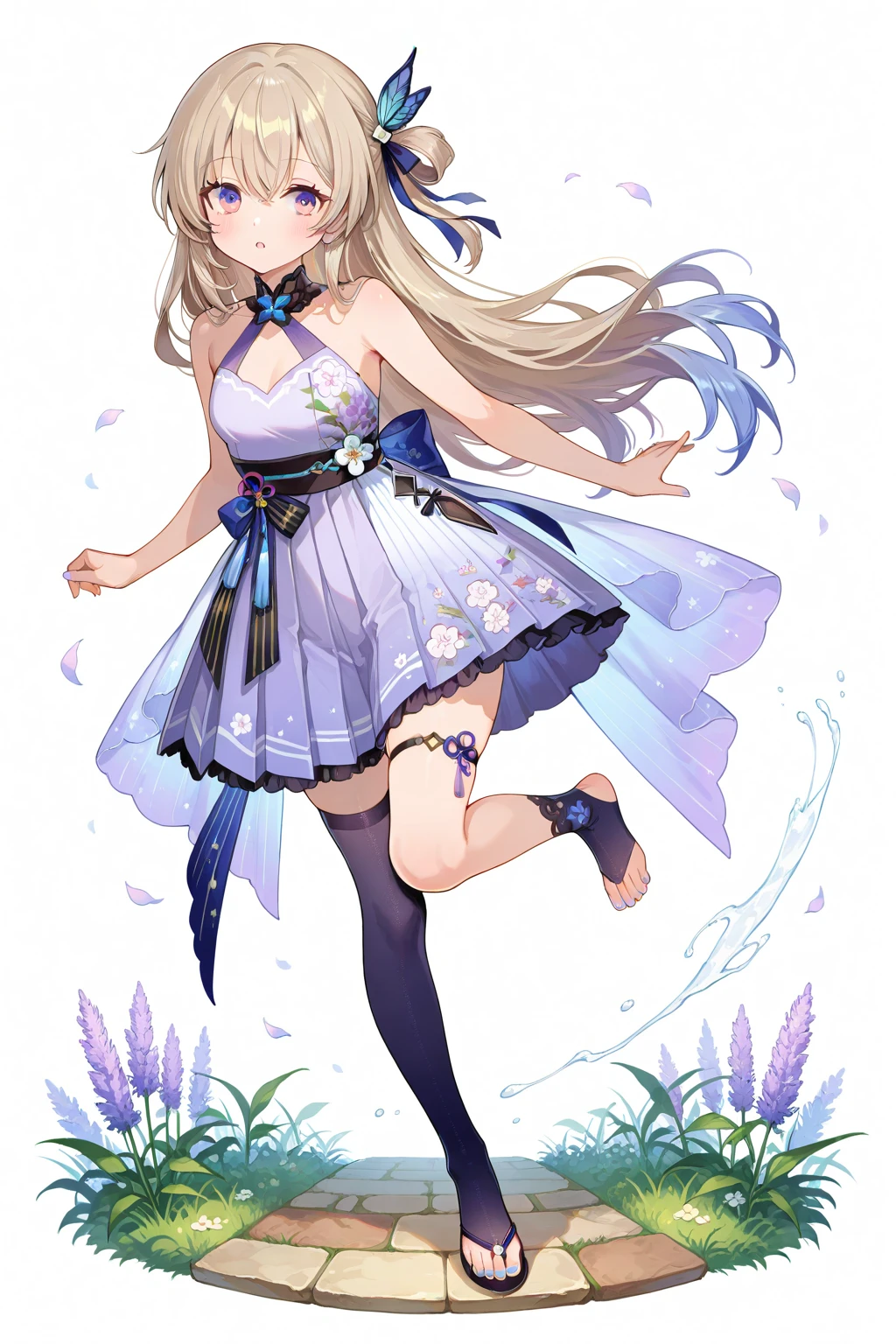 whole body, (female): 1girl, (solo), (perfect face), (detailed outfit), (little girl), beautiful female, smile (happy), blue hair, long hair, twintails hair, blue eyes, (tank top,), (white background), (masterpiece:1.4), (best quality), (ultra-detailed)