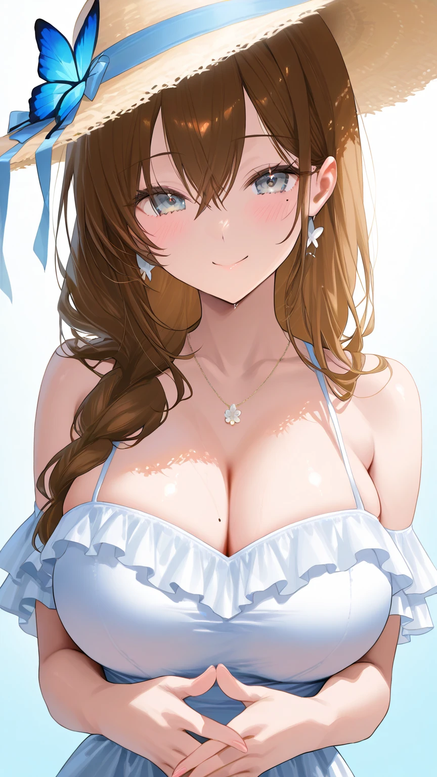 (((girl kawaii))), (a Very delicate and beautiful girl),,(Huge breasts:1.3),,(Showing off your breasts:1.6), ((Ultra-fine illustrations)), (Very delicate and beautiful), charactera girl, Please raise your hand, Wet, girl, teenage girl, Flowing Hair, (High Ponytail), (Long dark brown hair), Beautiful and fine hair, Very beautiful and detailed anime faces and eyes, (smile), ,(Showing off your breasts:1.6),Intricate details、Beautiful and delicate eyes, Bright Eyes, Open your mouth,,(Showing off your breasts:1.6), Cleavage, Pale blue eyes, White skin, Frills, Hair Ribbon, Earrings, Gemstone Necklace, bracelet, (White Bikini), cardigan, Wet clothes, Open Court,,(Showing off your breasts:1.6), White clothes, (Beach), (blue sky), sunlight, Backlight, Highly detailed light, ((Absurd)), (((wallpaper 8k CG))), masterpiece,,(Showing off your breasts:1.6),((Nipples、Areola)),