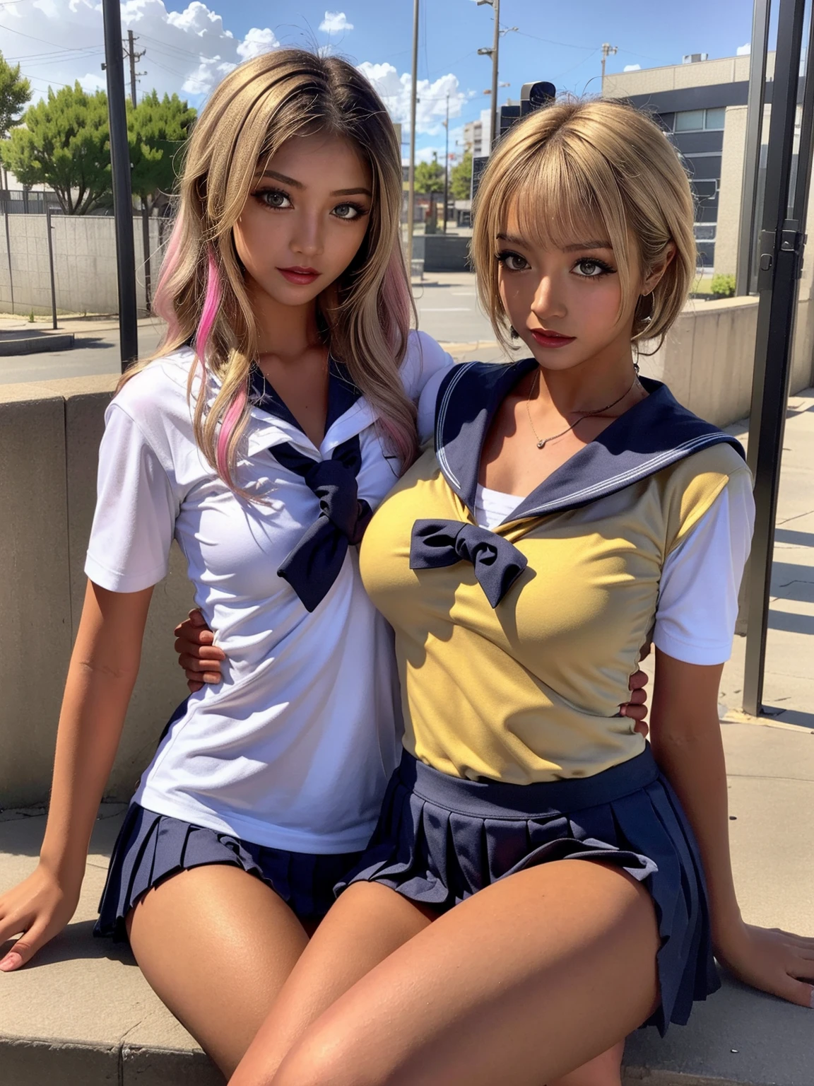 (8k、Ultra high definition、masterpiece、Anatomically correct、Textured skin、High resolution、highest quality、high resolution、Professional Lighting、)(With bangs、Gal、Dark eyeshadow、Dark eyeliner、Tanned brown skin、Twin tails、),,(ネクタイと紺色のスカートのuniform:1.2)Blonde、Blue Eyes、uniform、Smiling beautiful face、Wearing a sailor uniform、あどけない幼さの残る女子高生のuniform美少女、Dripping sweat、Sweating a lot、White panties、Panties are soaked、(sex, gangbang, 3boys,1girl),(vaginal),(missionary vaginal),bukkake,(cum on face),(cum in mouth)、(cum on body),bukkake、(gang Ban),(A woman being by more than one person),(raped by some people),Having sex、Her panties are transparent and her genitals are visible、Wearing a sailor uniform、Smaller nipples、Pink nipples、Nipples are visible、Nipples are erect、Pink areola、((A mature woman embraced by an older man)),((Tongue kiss)),(Tangled),( She wears thongs),,Delicate lip detail,Trending on Art Station, Intricate facial details,Curvaceous physique, (Thick body),Vibrant, 4k, 12k resolution,Captivating smile、
