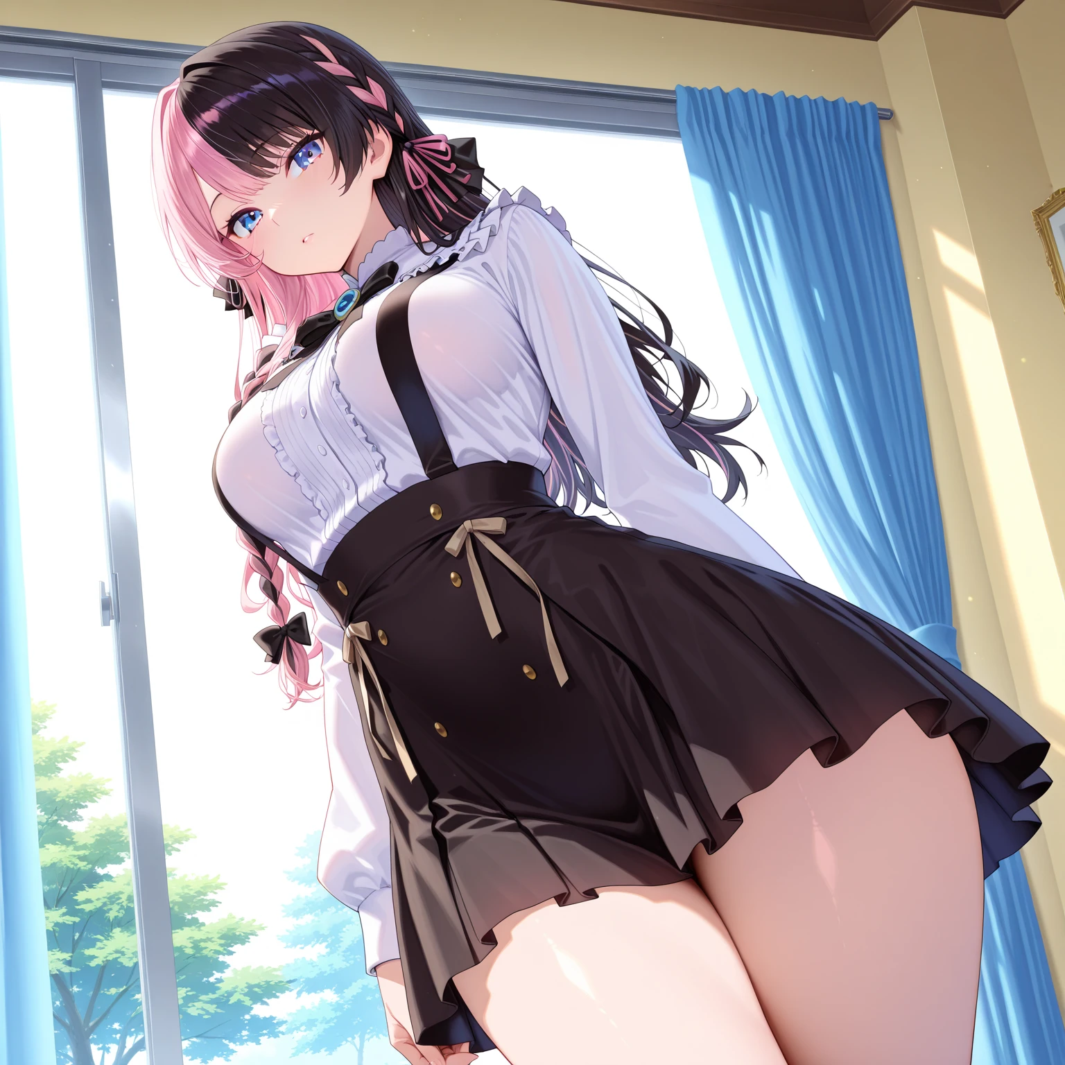 (masterpiece, top quality, best quality, official art, beautiful and aesthetic:1.2), extreme detailed, colorful, highest detailed ((ultra-detailed)), (high quality photo, 16k photo quality:1.4), ((an extremely delicate and beautiful)),(ultimate shiny skin, detailed skin, ultimate detailed face), beautiful detailed eyes,Beautiful Anime Girl,(Solo Girl),(Super huge boobs:1.4),(super huge breasts:1.4),(Sensual,Glamorous:1.4),(pink,very Long Hair,wave),(Big light purple eyes),Collared shirt,short sleeve shirt,Pleated skirt,lying on the bed,on back,school tight,pink pillow , pleated skirt, zettai ryouiki,high resolution,heart shaped pupils, plaid skirt, black stocking,claw pose,lie on bed,liying , full body , toe,full body seen,full-face blush,sexual climax,With tears in her eyes and her mouth open,open mouth,