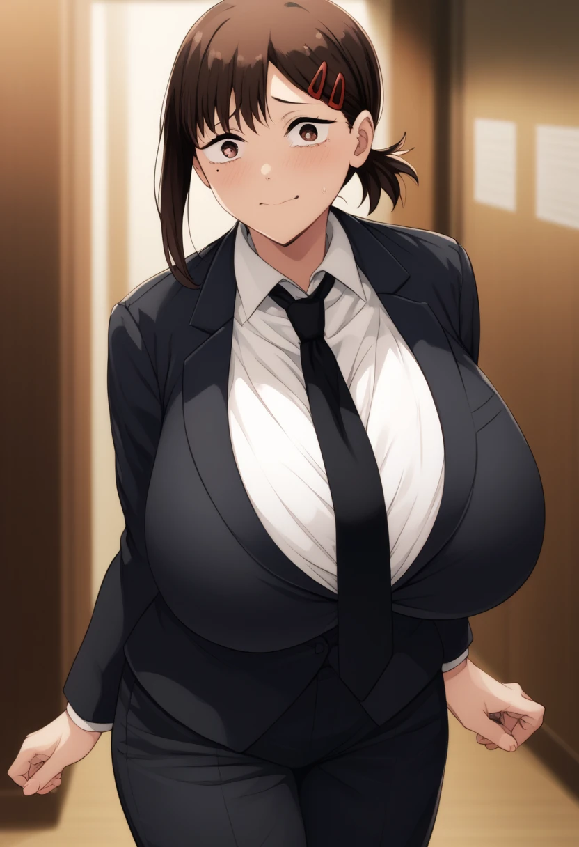 A Japanese female teacher, as beautiful as a 55-year-old actress, teaching in a Japanese school's student guidance office, (big breasts, big hips), curvy, (best quality, masterpiece, 16k, ultra detailed, beautiful skin, professional lighting), (actress: 1.2), (suit: 1.2), black chignon, smile