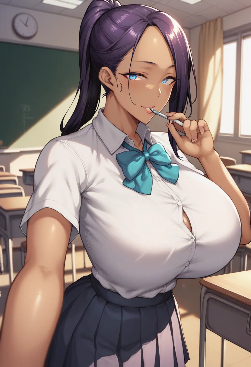 ((Correct Anatomy))、(Female student)、((school uniform))、((Short sleeve))、(Mini Pleated Skirt),(((Black Stockings))),((garter belt)),((School classroom)),Ultra-high resolution, squat,Mature Woman, Mature Woman, Very detailed, (Big Breasts),((Beautiful feet)),Perfect hands, Detailed fingers, Beautiful details, ((Long Hair)),((ponytail)),Black Choker, Earrings,Perfect Eyes, Captivating eyes, Glasses