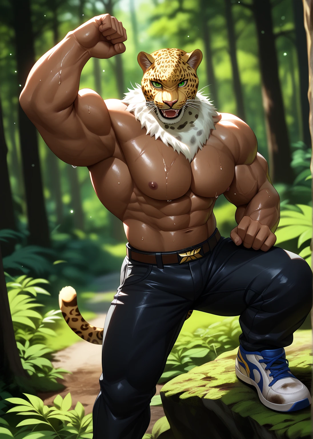 solo, 1 boy, man with (Leopard head), leapard face, fangs, Green Feline eyes, Yellow fur, Heavyweight, wrestling trunks, green eyes. tan skin, 8k, Photorealistic, QHD, Black background, ((Bust)), photorealistic, realistic hands, 8k hd, (dark shadows, wide dynamic range, hdr, low light:1.2), (best quality, masterpiece:1), octane render, unreal engine, ultra-realistic,