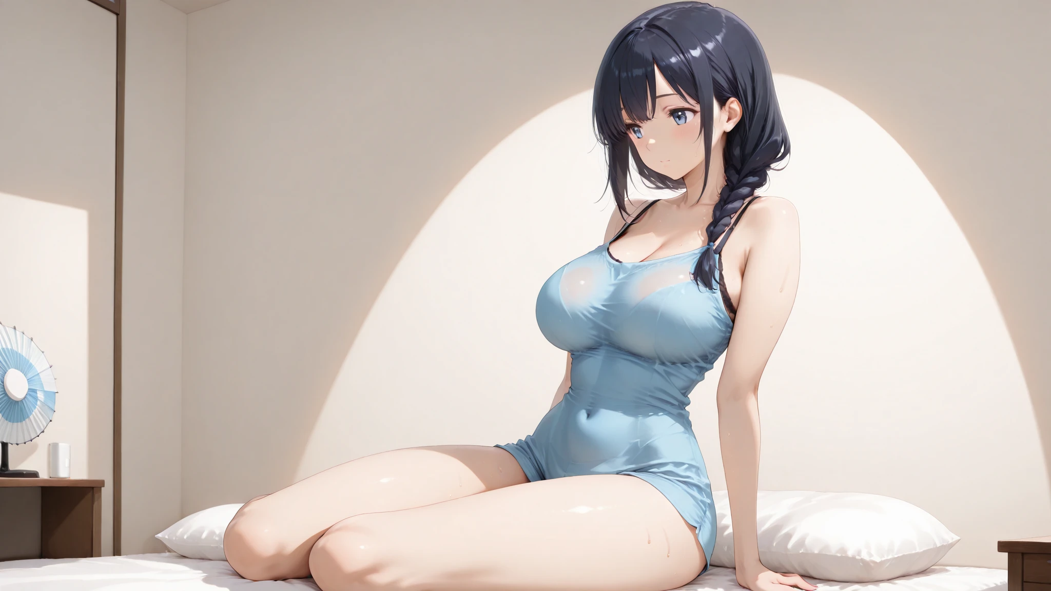 Beauty(A navy blue school swimsuit that is so shiny it reflects light.)、high school girl、Blue Hair、Obscene pose、She's a pervert、blush、Breast size of F cup、Big Butt、Heavy sweat all over the body、Love juice drips from the pussy、Squirting from pussy、Love juice overflows、Excessive sweating from underarms、A lot of pubic hair growing from the pussy、Move the part of the swimsuit that hides the pussy、Squat、Leg spread、Spread your legs wide、Push the crotch area of your swimsuit to the side