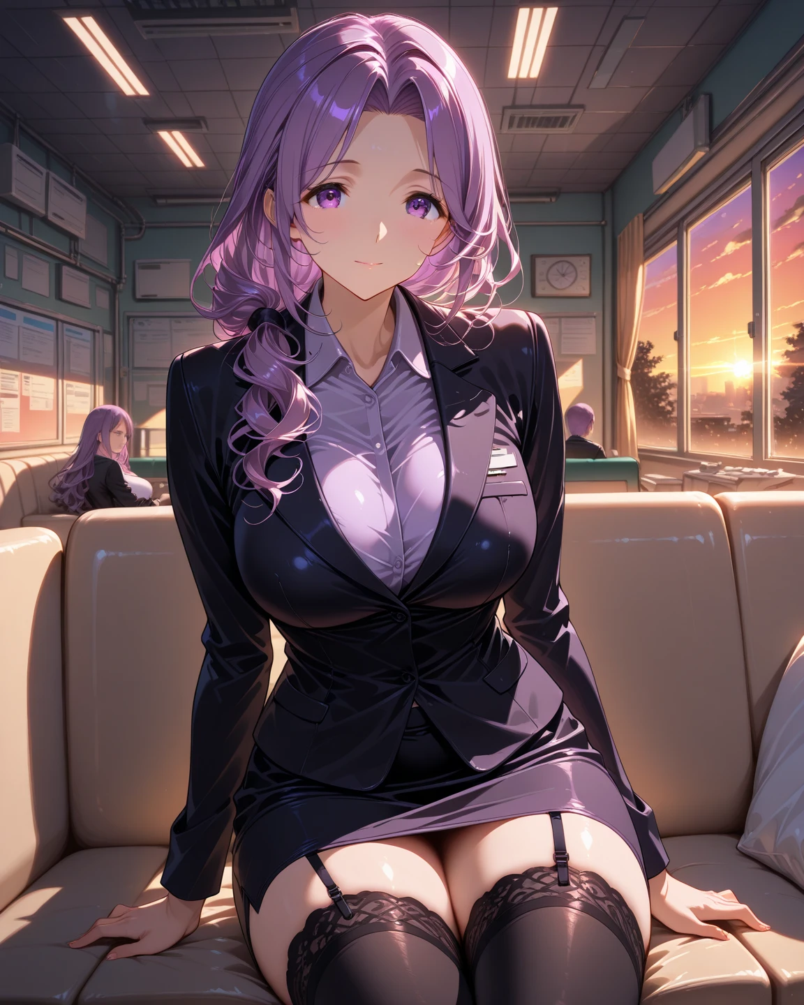 masterpiece, best quality,
shion\(slime\),1girl,solo,oni,single horn, purple hair,purple eyes,ponytail,milf,mature female,long hair,cleavage ,medium breast, formal outfit,purple suit, collarbone,collared shirt,green shirt, purple pant,high heels, outdoor, cafe,table,hand rest,sitting,chair, blush,looking at viewer, smile<lora:shion:0.8>