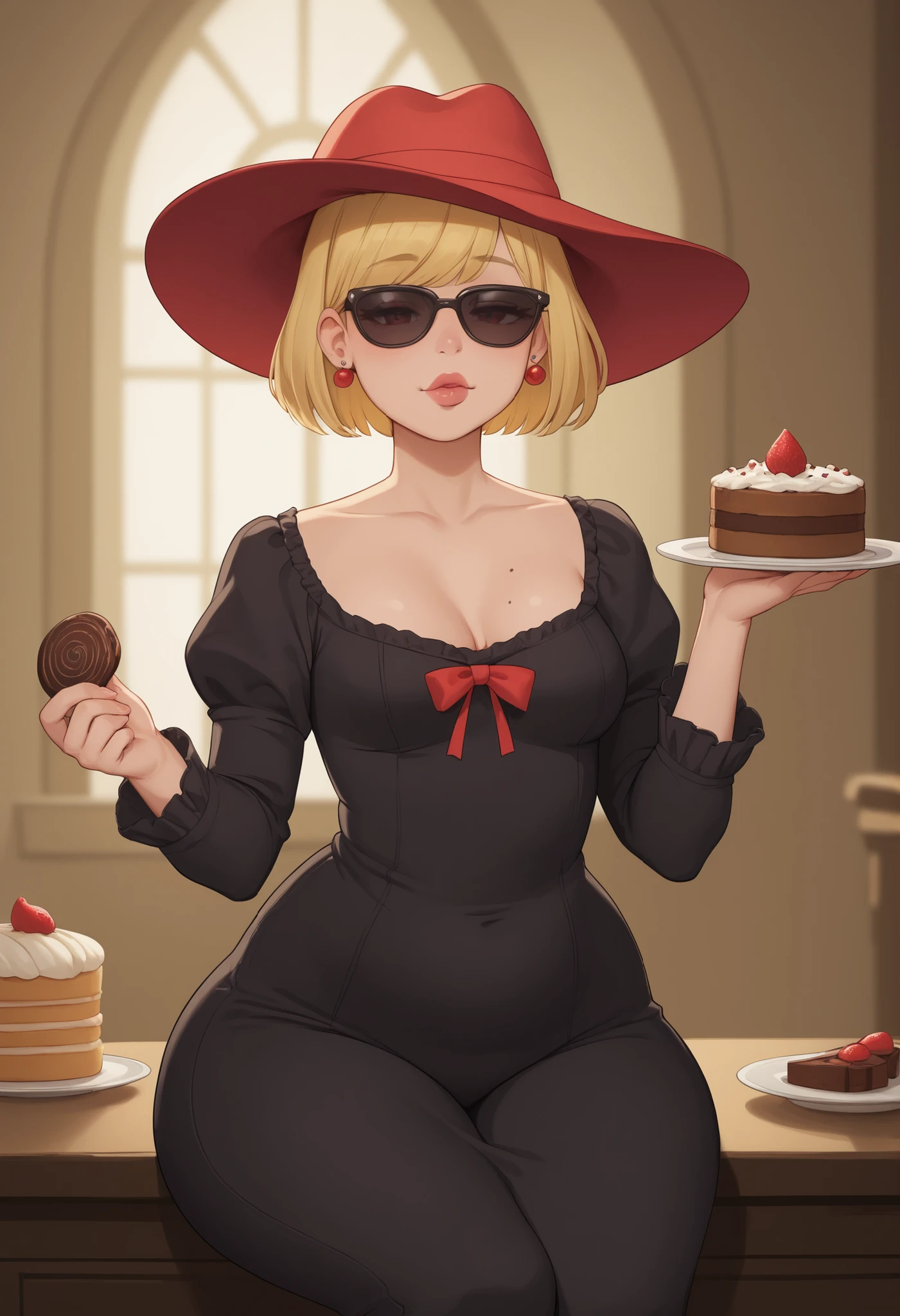 rita loud, mature woman, blonde hair, solo, short hair, medium saggy breasts, gigantic hips. gigantic ass. earrings, fat. | Location: A room in a luxurious palace. On the table is a luxurious tea set and a mountain of various sweets piled high: chocolates, cookies, cakes, pies, tarts, macarons, etc. A cute anime girl is sitting on a chair with crossing her legs. femboy in black suits and sunglasses are lined up behind her. with lifting the upper part. The girl's characteristics are as follows: Cute anime girl. Her face is rounded. She wears a dark-red and white gothic outfit with a dark-red ribbon on her chest, and a dark-red hat.