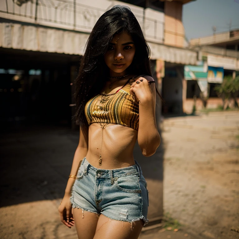 beautiful indian princess, (white tank top), unbuttoned blue shorts, small breasts, kneeling in deserted alley, eyes closed, hands tied with rope behind back, pink socks, full body shot, high res, night, rain, dirt streaks on body