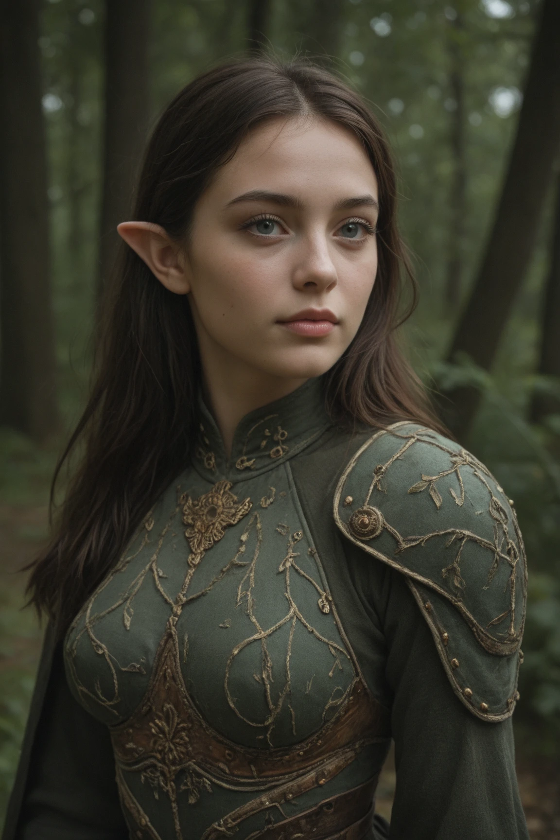analog film photo, photo of a young elven girl, 18 years old, elf ears, jade eyes, curly brunette ponytail, olive skin, freckles, Amazonian stature, voluptuous hourglass figure, busty bosom, narrow waist, full hips, big plump buttocks, wearing a linen sun dress, strolling through a sunny fantasy landscape, RAW Photograph, dslr, soft lighting, high quality, film grain, Fujifilm XT3, detailed skin with visible pores, insane details, masterpiece, 8k, 35mm photograph, dslr, kodachrome, faded film, desaturated, grainy, vintage, Lomography, stained, highly detailed, found footage, close-up shot, elven ears