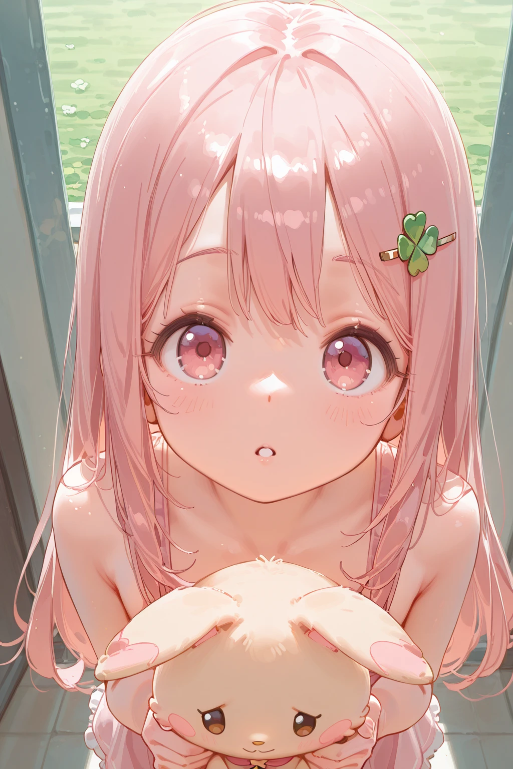 (dynamic angle),in the poolside, pale Light orange Hair, long hair, twintails, hair black ribbon, girl1, upper body, completely nude, (small nipples:1.2), (small areolas:1.2), kawaii, cute, pale purple eyes, (shy), (blush),surprised,open mouth,