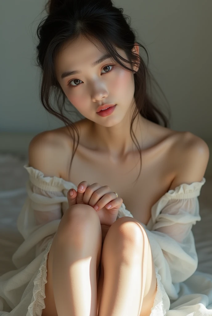 8k,Japanese woman looking at the camera on the bed,Sitting on the bed、Young Face、Cute and simple(Like the real thing),Portraiture, The perfect angle、Professional quality high resolution、Perfect contrast、Perfect lighting、Perfect composition、Perfect Skin、sitting with her legs slightly spread、Perfect Fingers、Perfect breasts、Perfect Hair、Perfect Face、Realistic facial features,masterpiece,Photorealistic raw photos,Bright colors,Rich colors,50mm lens,Nikon D850,Highest quality,Slim figure,Perfect body line,Perfect hand shape,Anatomical Body Balance,Highly detailed face,Highly detailed eyes,Beautiful Lips,Excellent light particles,Cinema Lighting,Compensate,In underwear,Embarrassed look,Puzzled look