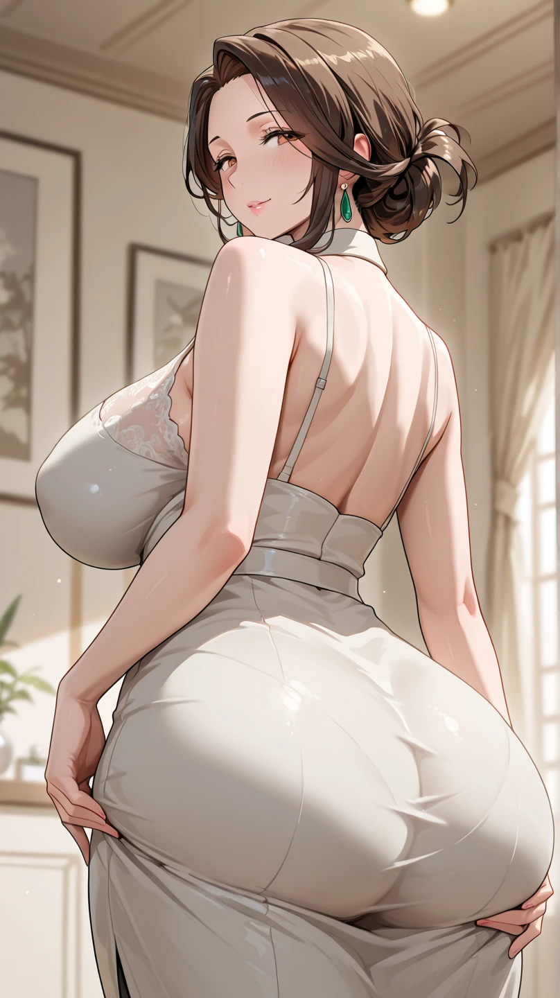 Ass focus from behind, sitting, arching her back: Gorgeous Cuban woman in tiny short white fluffy sweater dress, luscious hair, large sexy detailed eyes with long eyelashes, full thick pouty lips, big gorgeous smile, huge massive hanging breasts with puffy nipples, blushing face, tight frilly choker, tiny toned wasp waist, massive wide hips, huge round jiggly ass, wide thigh gap, thick toned thighs, detailed pubic hair