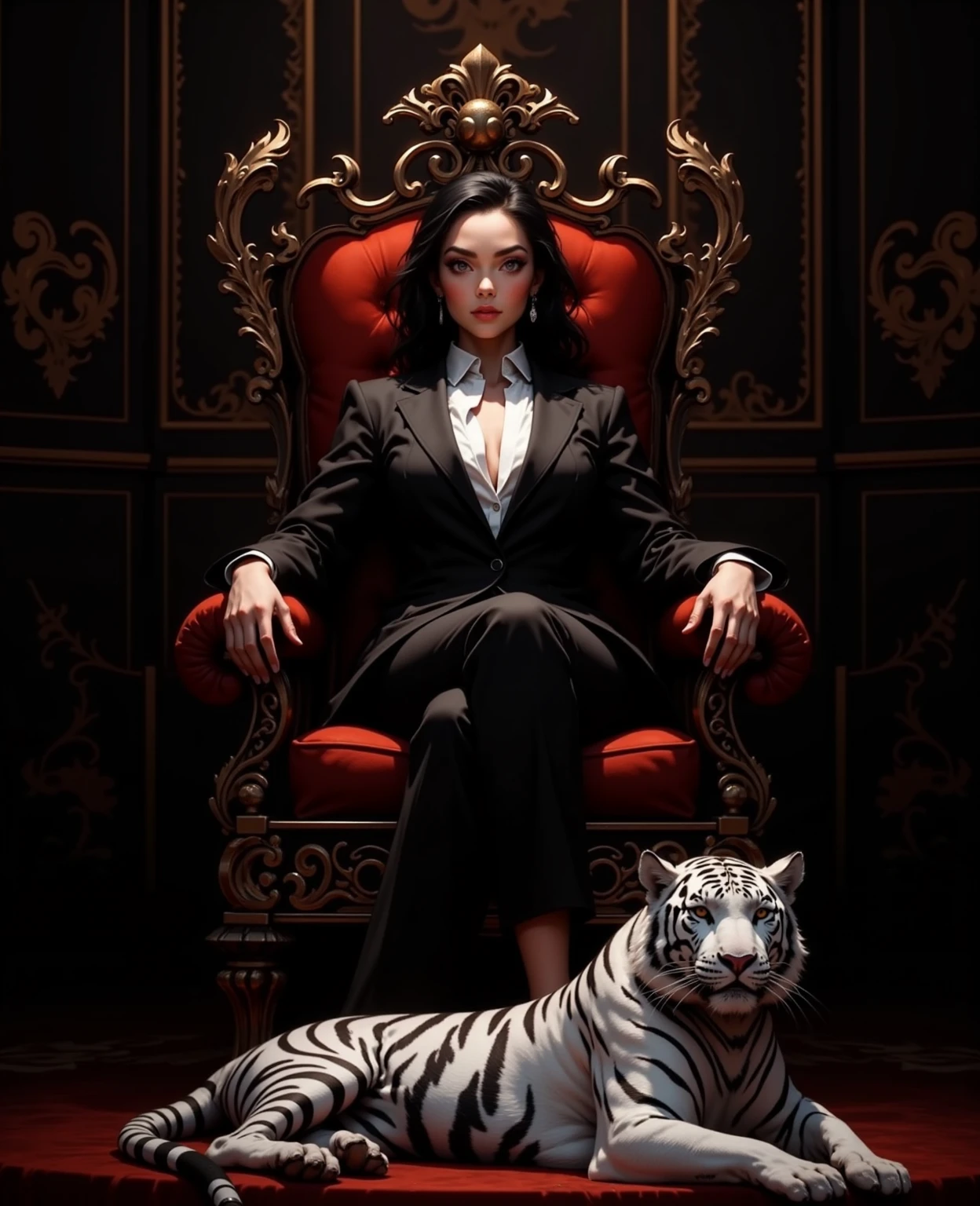 Create a realistic image where a woman wearing red luxury suit and sitting on a queen size chair, she's holding a whiskey bottle in his hand, there is smoke in the background a shadow of tigress and tigress eyes is glowing in blue colour. In background the name "sherniiii" is showing in bold and neon effects just above the head of the character as per his name.