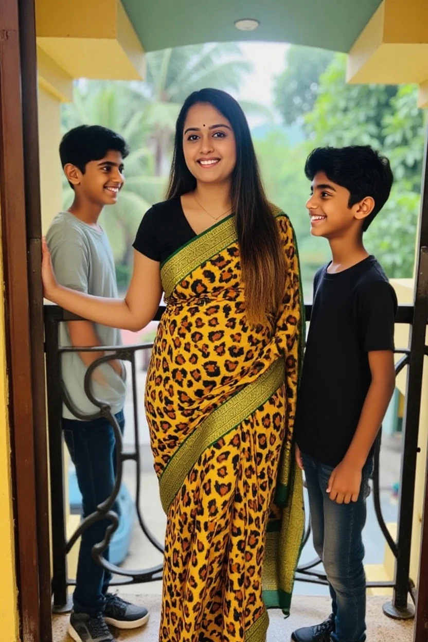 Beautiful and Slim, Sexy Indian woman in black blouse golden saree lifting a large chubby man above her shoulders, man is sitting on woman's shoulders, in a bedroom with high ceiling, natural smile, woman is looking into the camera , full body image 