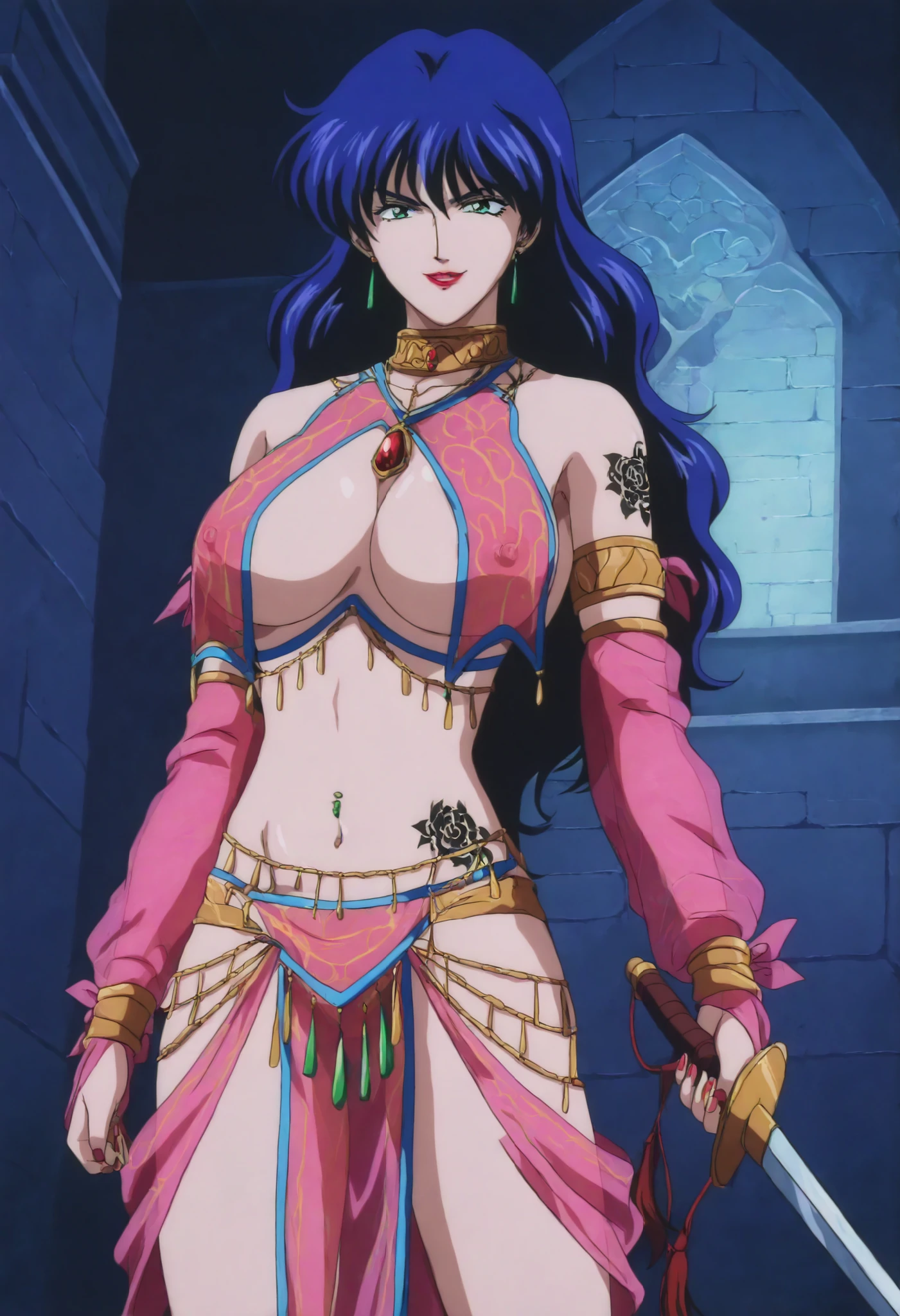 boa, hatsune miku, 1girl, solo, long hair, blue eyes, large breasts, black hair, navel, cleavage, jewelry, earrings, royal palace, cape, nail polish, epaulettes, masterpiece, mature woman, thin, royal background, realistic, shining, laugh, blush, <lora:boa:1>