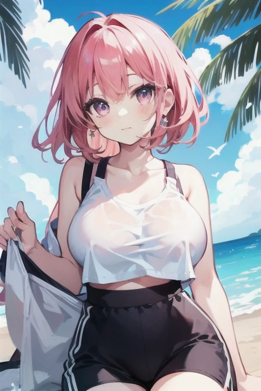 (Masterpiece:1.2, high quality), (pixiv:1.4), (1girl:1.2), (solo:1.2), (smooth:1.2), (Nakano nino), (mature), (confident), slightly blushing, glossy lips, crystal blue eyes, black eyeshadow, pale white skin, pink hair, bangs, bangs over eyes, collarbone, (beach sarong), hair ribbon, (beautiful big breasts:1.3), ((sarong)), beach outfit, dynamic pose, professional photography, view from below, slim waist, ultra detailed, soft lighting, high contrast, (blurry_background:1.2), highly focused face, (detailed face), intrinsic details, vivid colors, HD, 4k, aesthetic outdoors, beach, (sea view), sunny day, beach volleyball, (sand), pebbles