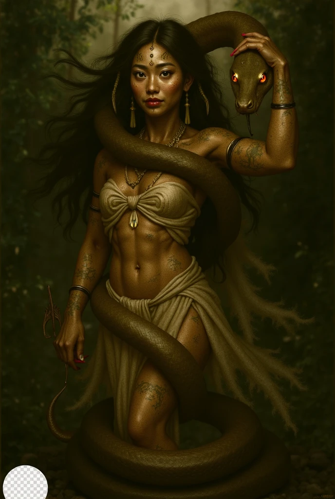 Conjoined female mix between a gorgon and an arachne with eight legs three heads and four siliconed perfect boobs