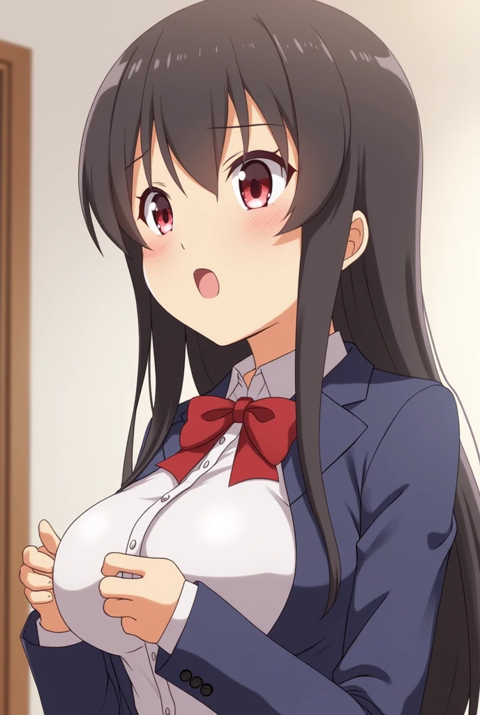 score_9, score_8_up, score_7_up,anime_source, source_anime, best background, detailed background, anime screencap,  Chizuri, 1girl, ahoge, long hair, school uniform, solo, black hair, seductive body, naughty face, huge breasts, bow, sit, dynamic angle, dynamic pose, dynamic camera, legs apart, eat, light smile,  indoors,  <lora:JN_Chizuru_Minamoto:0.8>