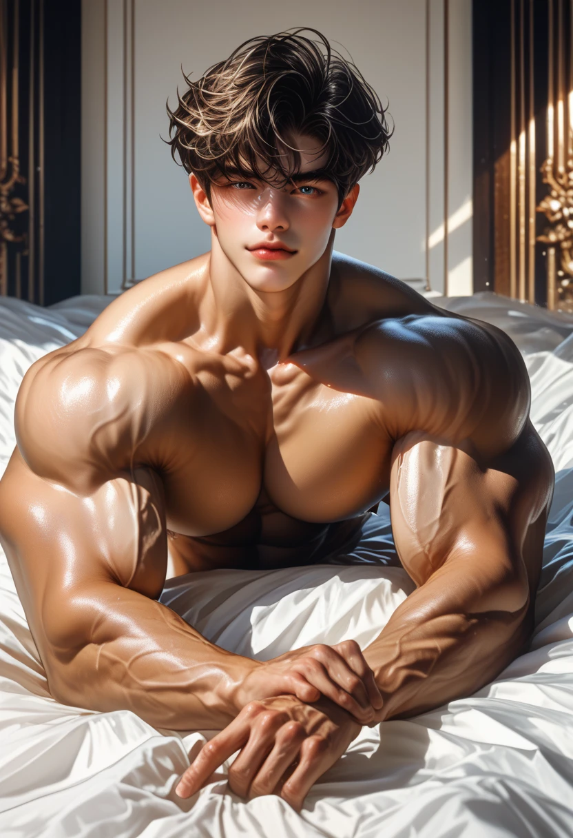 masterpiece, warm lighting, naked 18 years old teen boy sleeping in the bed , eyes close, elegant, youth, muscular, Light brown hair, naked, filled with cum, on my knees in front of a guy, sexy pose, seductive, stripped, big, registered member, huge penis, long big penis expose, pefect penis, big ass, alot of cum