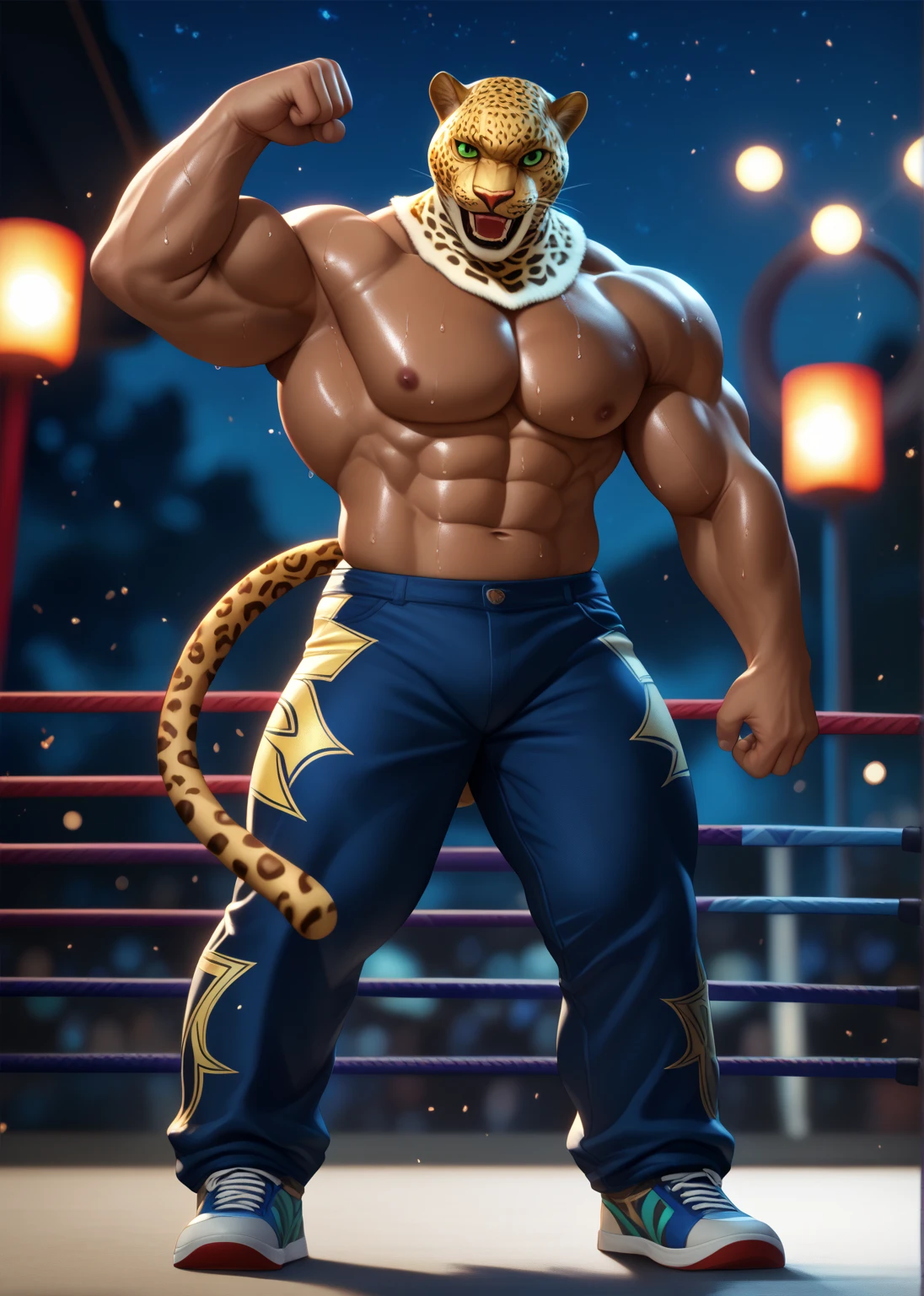 tiger, incineroar, felid, feline,red fur, red skin, red eyes, fangs, muscular, smiling, briefs, wrestling belt looking at viewer
sitting,inside a locker room, holding sports bottle, <lora:IncineroarFRL22nO:1>, extremely detailed, fantasy, 8k