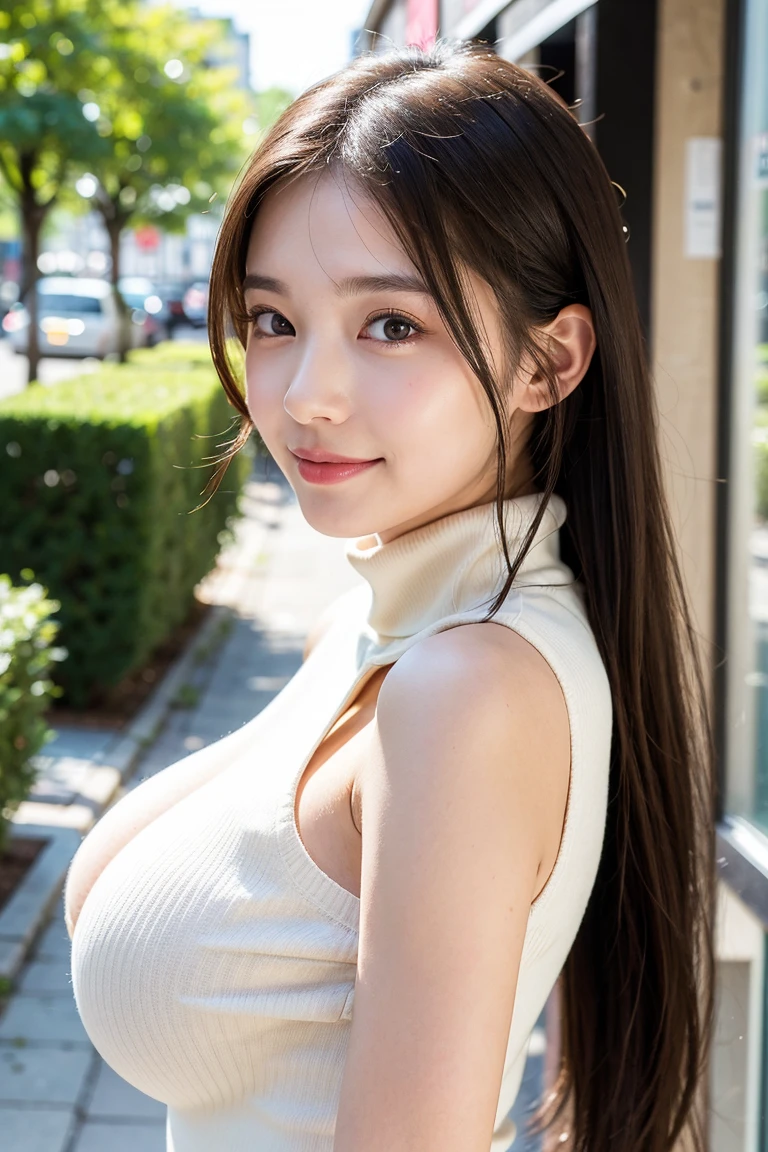 Tabletop, highest quality, Photorealistic, In detail, High resolution, 8k wallpaper, Perfect dynamic composition, Beautiful fine details, Medium Hair, Random sexy poses,Put your chest together、(Very Small Mock Neck Crop Tank Top White Knitwear)、Laughter、Open your mouth、Resort scenery、23 years old、(Droopy Eyes 1.4)、Adult Beauty、Japanese
