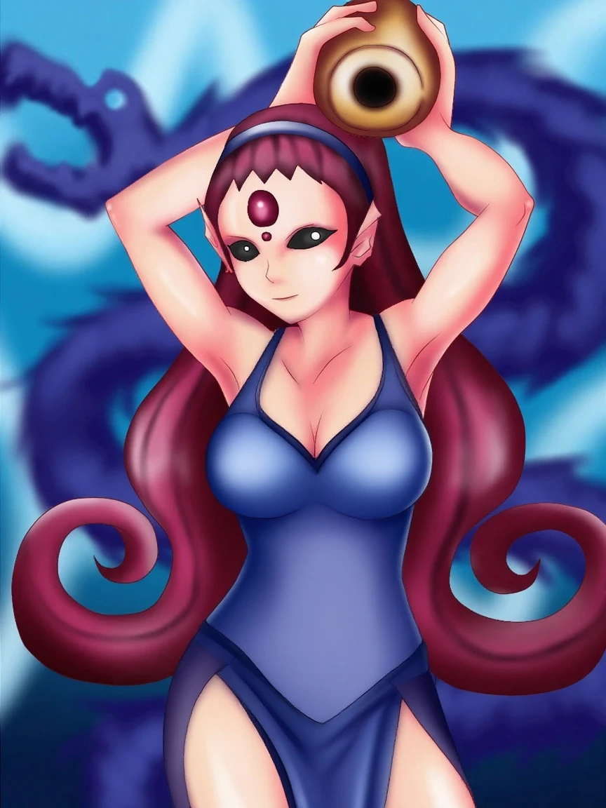 inapriestess, strapless dress, single thighhigh, single detached sleeve, black gloves, low wings, halo, detailed octopus tentacles, mole under eye, extreme muscular body, big breasts, 4 arms, full body.