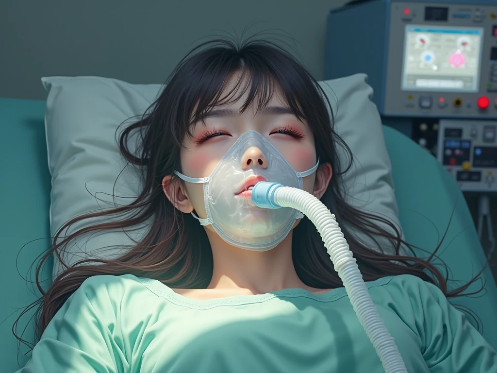 the small girl wear mask on its mouth laid down the hospital bed.