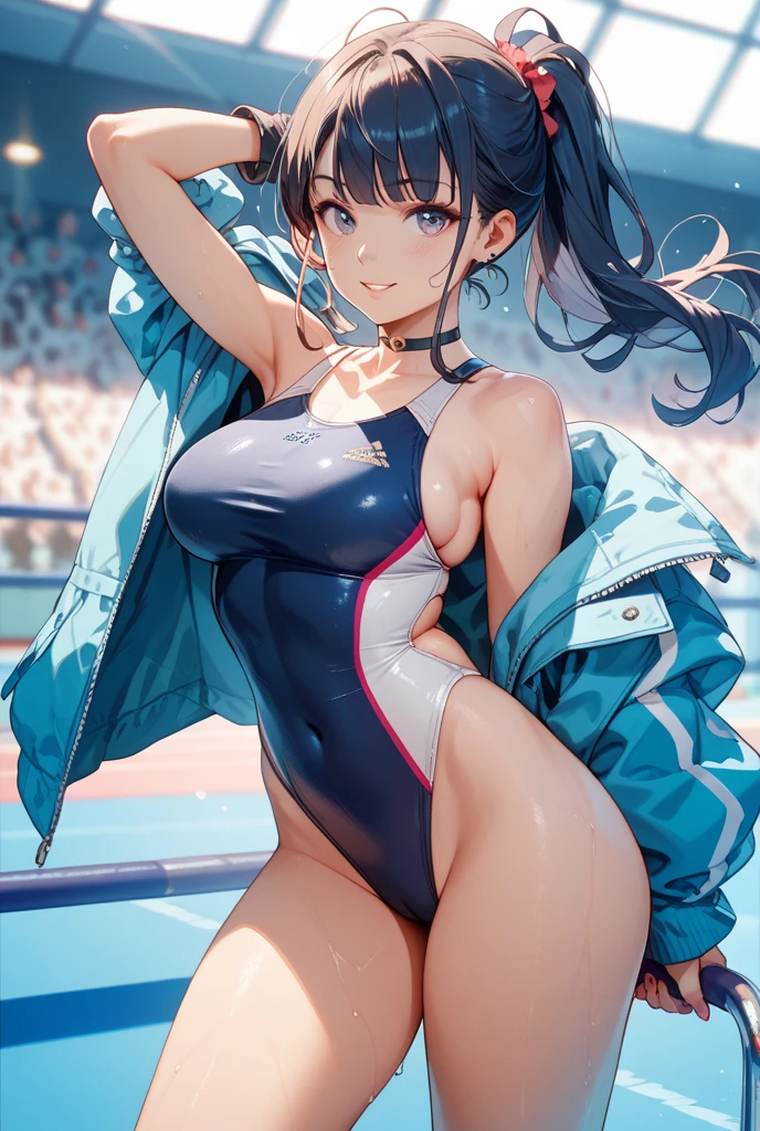 ((masterpiece, Top image quality, high resolution、solo、、Sleeveless land uniform、track and field athlete、High Ponytail Hairstyle、not good、whole body、a smile、Smile、Tecateca Skin、Glowing skin))、Sweaty face、Latino, puberty, Sweating all over、Red lipstick、Walking along the athletic track、solo、Hands and hips、The navel is exposed、((Thigh raise exercise))、((Running on the track))、(((Masculine body)))、((Soaked in sweat))、(((看whole body)))