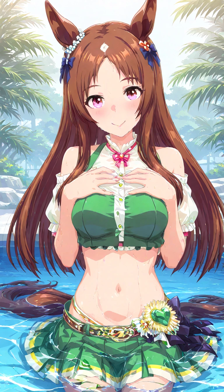 (masterpiece, best quality),female twenty-something, petite, afro-caribbean, green eyes, v-shaped chin, receding jaw, hollow cheeks, receding forehead, athletic build, casual weekend makeup , light chestnut boho waves hair, envy wearing button-front romper, ruffled bra, headband,, lying on side, lying on the side with a coy and alluring expression, creating a captivating and intimate pose, sunset lighting, the warm, golden glow of a sunset, adding a romantic and enchanting feel to the scene, a joyful birthday party, with colorful decorations and laughter in the air