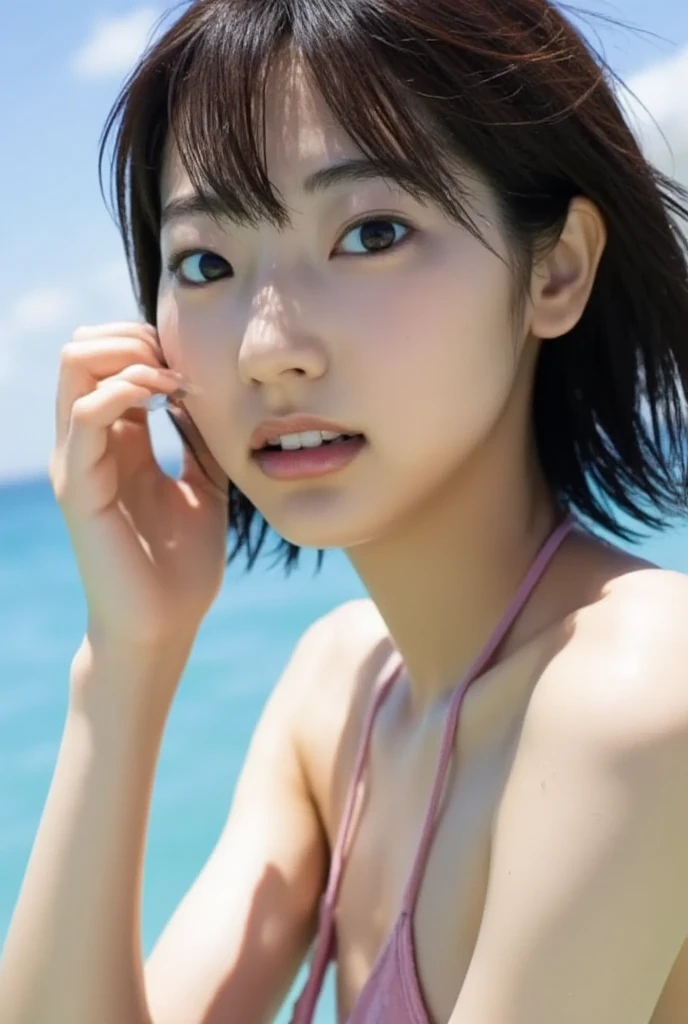 smile,((NSFW)),(Best Quality:1.2), Female dog,(Female organ:1.1),8K, Raw photo, Beautiful sexual woman, beautiful girl,((Her naked lower body is visible、股間のFemale organが見えている:1.3)),Detailed face and eyes,Esbian all over,Pose for the camera,blue sea,Blue sky,Palm tree,On a beautiful tropical beach,Hair blowing in the wind,short hair