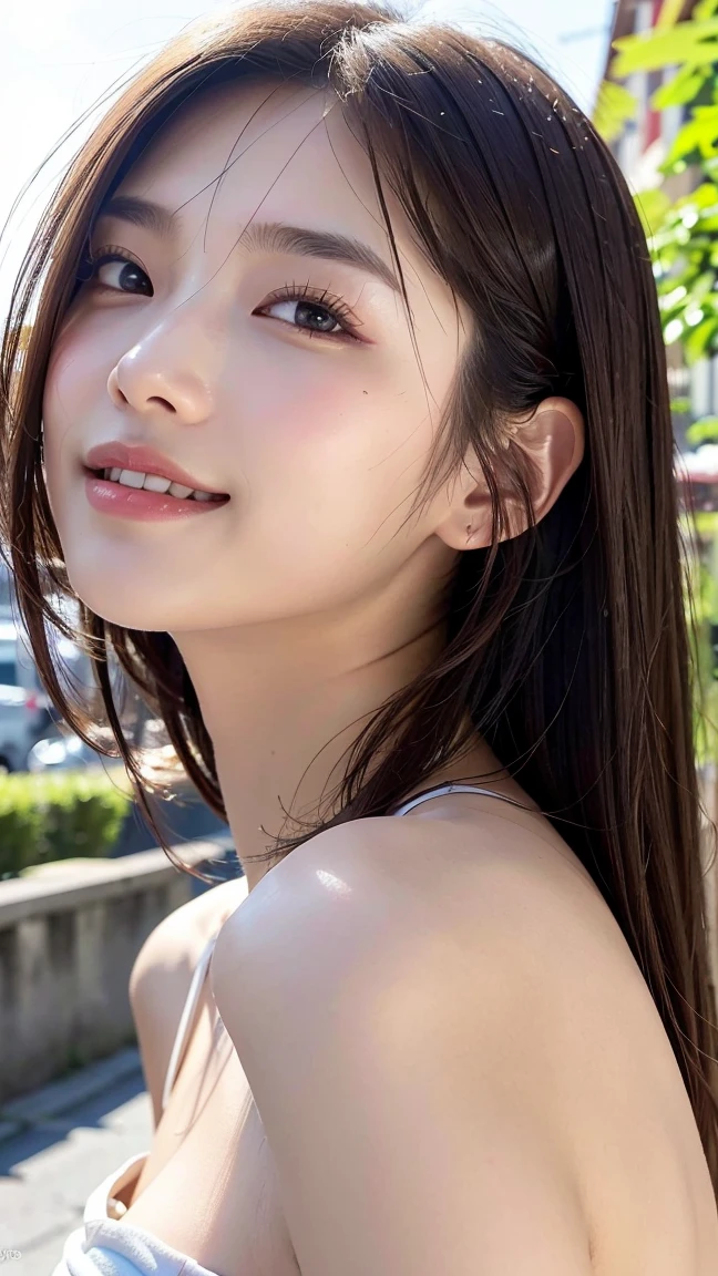(((Close-up of face)))、(((Brown hair straight)))、(((She is posing like a hair salon model with the Karuizawa plateau in the background.)))、(((She is wearing casual clothes suitable for early summer.。The shoulders are hidden)))、(Natural laughter:1.25)、Half Japanese, half Korean、18 year old girl、Standing Alone、Looking forward、Light eye makeup、Brown Hair Color、Flat and 、Hair blowing in the wind、Actress Quality、Glossy, ultra-realistic face、Smiling face、Watery eyes、Gazing Up、Subtle lighting effects、 Ultra-Realistic Capture、Very detailed、High resolution 16K close up of human skin。Skin texture must be natural、The details must be such that pores can be clearly seen、The skin is healthy、Uniform tone、Use natural light and colors、A worn-out, high-quality photo taken by a model agency's in-house photographer.、smile、(((SIGMA 300 mm F/1.4,1/1000 sec shutter,ISO 400)))、The background is F-stop 1..4 is blurred