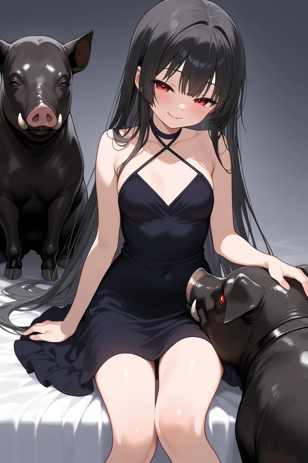 Hyuga hinata in a sexy bikini is seductive and bathed in sweat straddling dozens of black dogs and her chain-tied neck using a BDSM dog chain on a farm and she looks very lustful while surrounded by many black dogs at night.