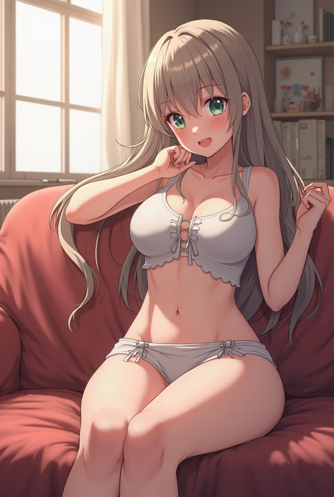 Minami Kotori, One side up, Hair Ribbon, masterpiece, top quality, high resolution, unity 8k wall paper, illustration, detailed eyes, extra detailed face, Highly detailed CG, glossy lips, light makeup, standing, panties, necklace, (bedroom), camisole